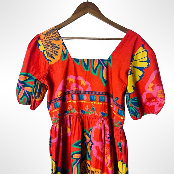 Maude Vivante Aria Dress Medium Red Floral Puff Sleeves Colorful Vacation Resort - Picture 3 of 13